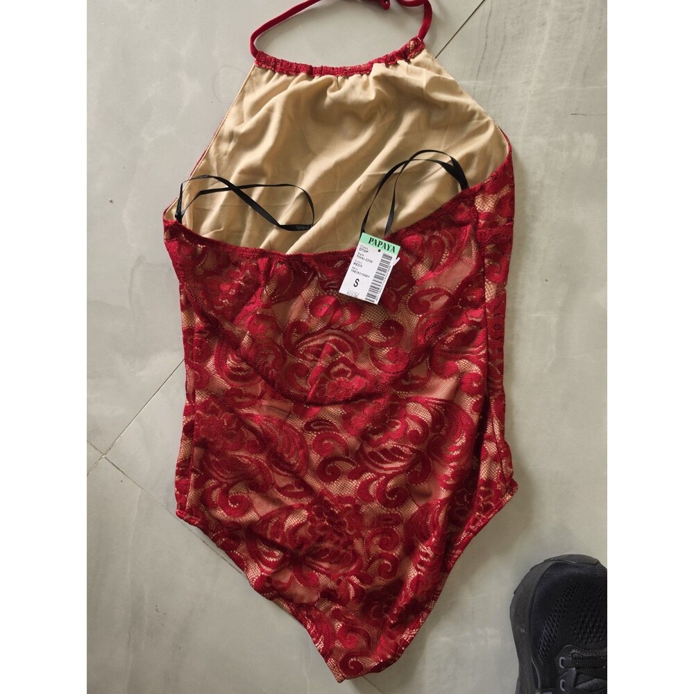 NWT Red Floral Lace Bodysuit Teddy with Nude Lining and Strappy Back Papaya Sz S - Picture 4 of 7
